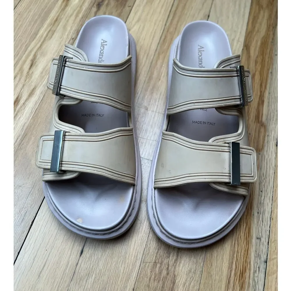 Alexander McQueen Hybrid Rubber Slides Beige Tea Rose Sandals Women 38 US 8 FLAW
